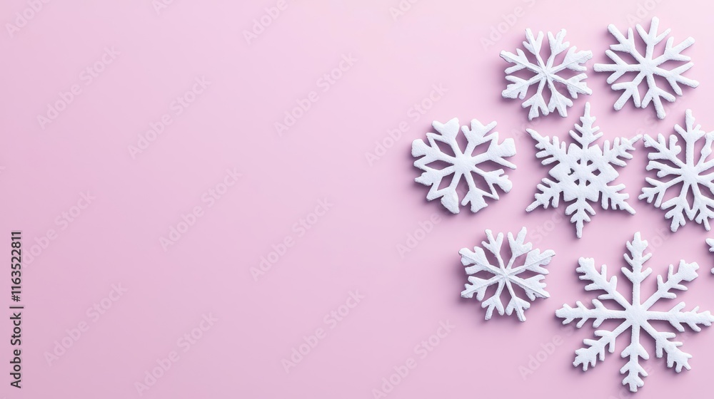 Poster snowflake abstract background idea. beautiful white snowflakes on a soft pink background, perfect fo
