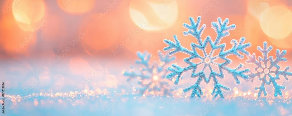 Poster Snowflake abstract background idea. Delicate snowflakes glisten on a soft blanket of snow, creating a serene winter scene.