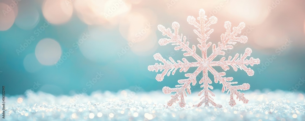 Poster Snowflake abstract background idea. A delicate snowflake resting on sparkling snow, shimmering under soft winter light.