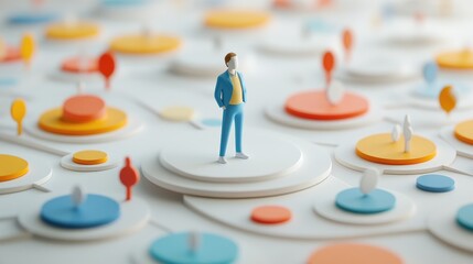 Miniature man standing on a platform amidst colorful circular network.