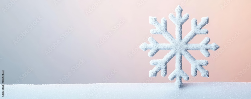 Poster Snowflake abstract background idea. A delicate snowflake rests gently on a snowy surface, symbolizing winter's beauty.
