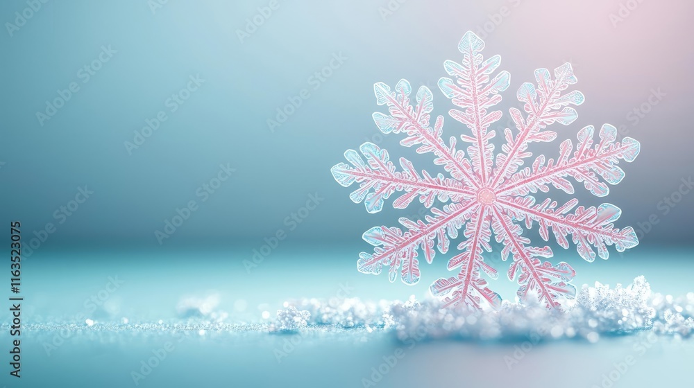 Poster Snowflake abstract background idea. A delicate snowflake resting on a soft layer of frost, capturing winter's elegance.