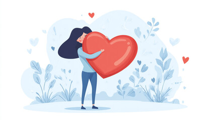 Self care concept. Woman hugging heart, acceptance and self love. Positive psychology, optimism and mental health. Poster or banner for website with happy girl. Cartoon flat vector illustration.