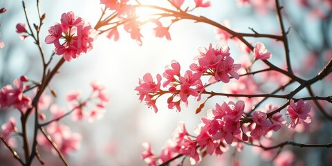 Obraz premium Sunlit Pink Blossoms on a Branch in Springtime