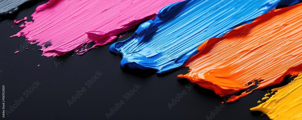 Poster splatter abstract background concept. vibrant paint strokes in various colors on a black background,