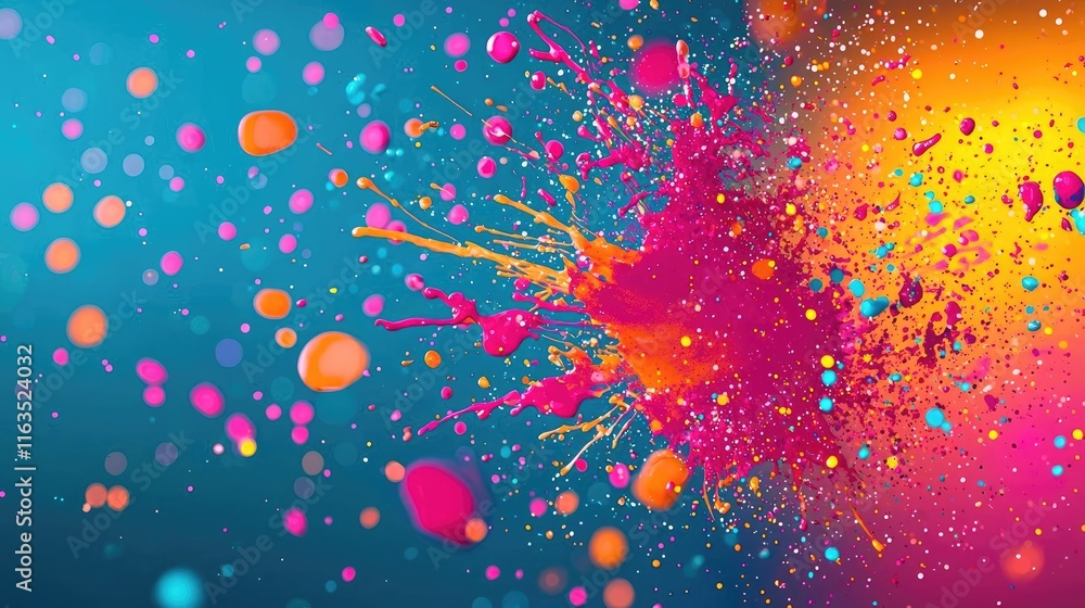 Poster splatter abstract background concept. vibrant paint splash art with colorful splatters against a blu