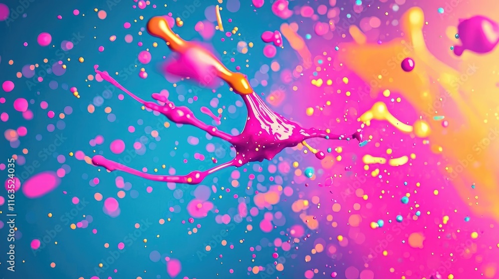 Poster splatter abstract background concept. vibrant paint splash with colorful droplets on bright backgrou