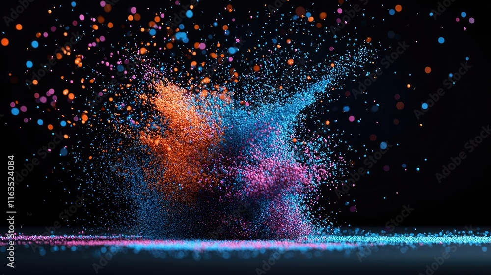 Poster Splatter abstract background concept. Vivid explosion of colorful dust particles creating dynamic abstract visuals.