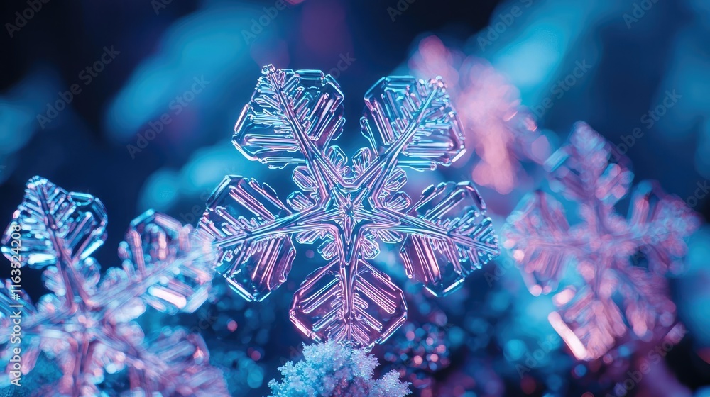 Poster Snowflake abstract background idea. Close-up of a beautiful snowflake showcasing intricate crystal patterns in vibrant colors.