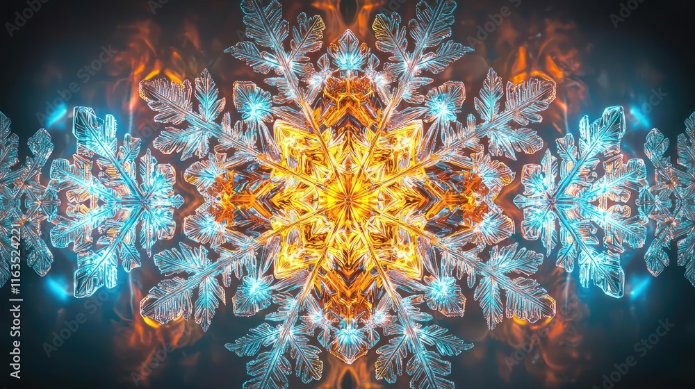 Poster Snowflake abstract background idea. An intricate digital design featuring vibrant colors and abstract patterns.