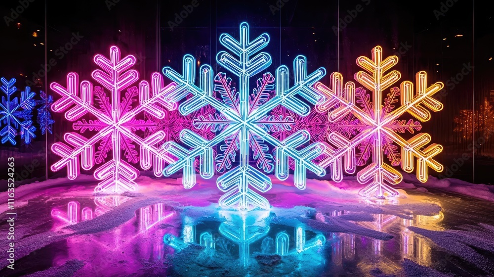 Aufkleber snowflake abstract background idea. colorful neon snowflakes illuminate the night, creating a festiv