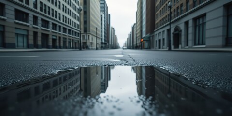 Fototapeta premium Reflective Puddle on a Deserted Urban Street, Showing the Cityscape Reflected in the Water After a Rain