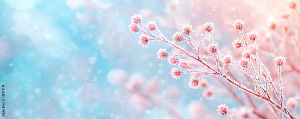 Poster snowflake abstract background idea. delicate frosted branches adorned with pink buds against a dream