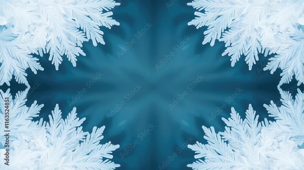 Poster Snowflake abstract background idea. Intricate frost patterns on a blue background create a serene winter atmosphere.