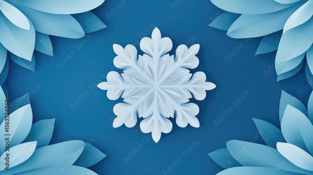 Poster Snowflake abstract background idea. Elegant snowflake design surrounded by delicate blue leaves on a serene background.
