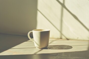 White cup sits on table near window.