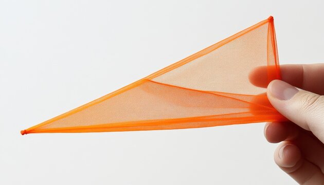 Transparent orange triangular tool held by hand against a light background.