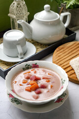 Bubur Cha Cha is a creamy coconut dessert with colorful cubes of purple, orange, and white sweet potatoes and yam. A traditional Southeast Asian dessert, particularly popular in Malaysia and Singapore