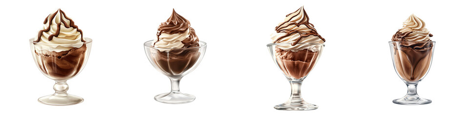A collection of elegant dessert cups filled with swirls of creamy chocolate soft serve.