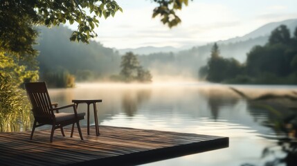 Obraz premium Peaceful lake view with a wooden chair and table by the water, surrounded by trees and mountains in the early morning mist