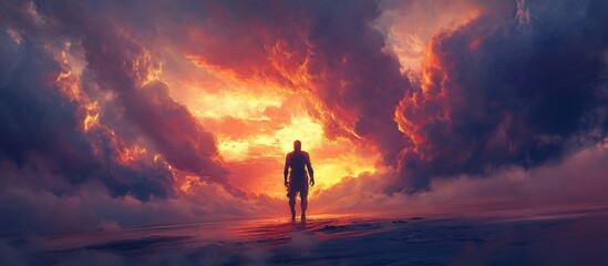Fototapeta premium Silhouette of a person standing on a beach, facing a dramatic fiery sunset behind a stormy sky.
