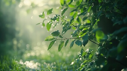 Morning Light Shining Through Fresh Green Leaves in Nature