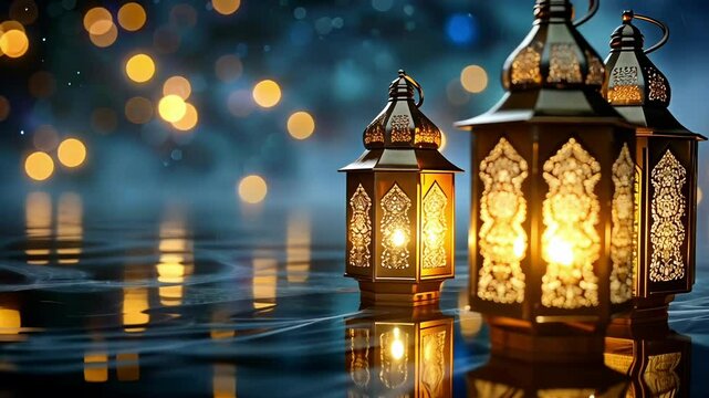 Calm surface of water under night sky. Golden and silver lights of lanterns and stars. Ramadan or Eid al-Fitr settings