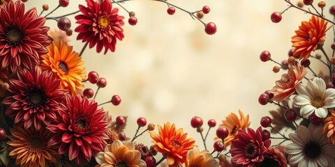 Autumnal floral arrangement with vibrant red and orange flowers and small red berries, creating a beautiful natural frame.