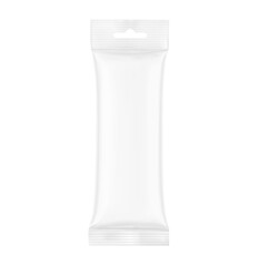 Blank realistic  small pillow bag with hang slot mockup. Front view. Vector illustration isolated on white background. Perfect to create your final pack shot. EPS10.