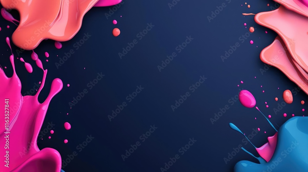 Poster splatter abstract background concept. vibrant paint splashes in pink and blue against a dark backgro
