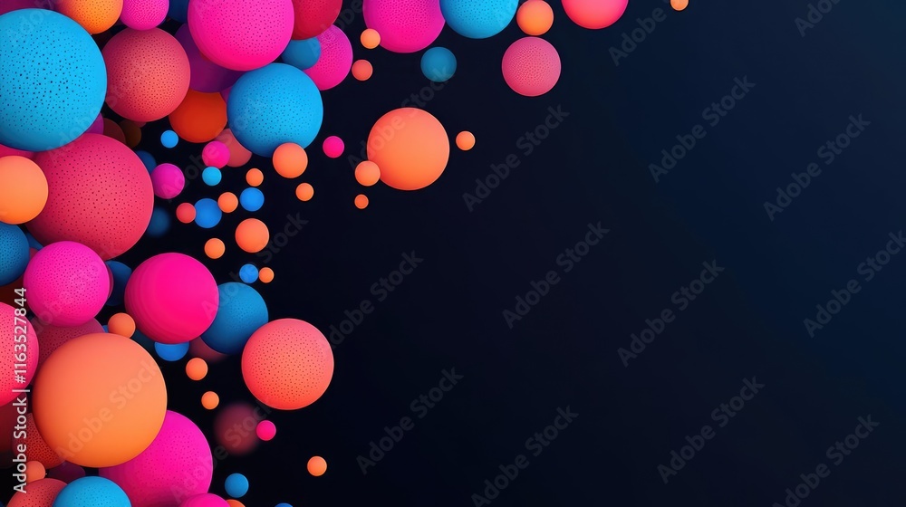Poster Splatter abstract background concept. Colorful abstract spheres creating a dynamic visual composition on a dark background.
