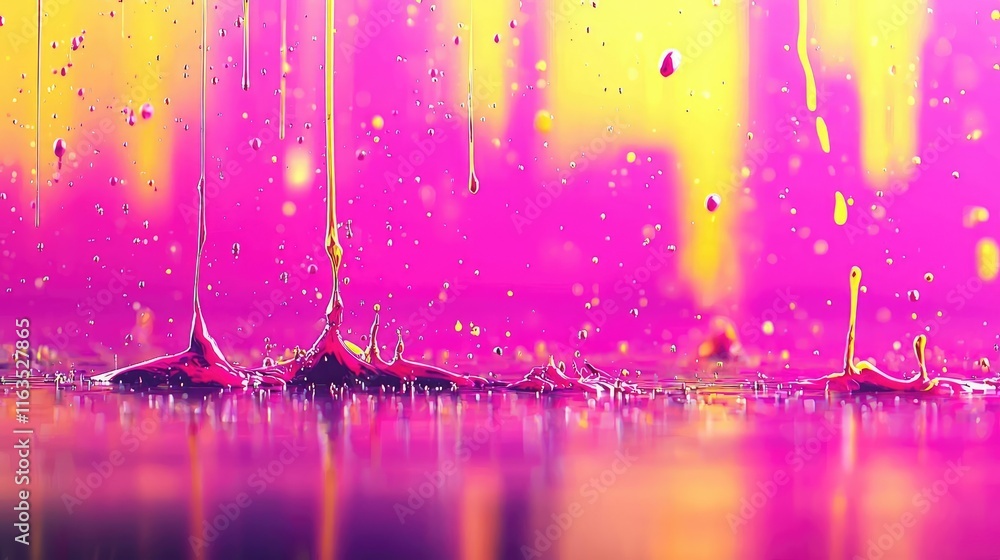 Poster Splatter abstract background concept. Vibrant abstract paint texture with colorful drips and splashes on a reflective surface.