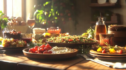 Naklejka premium A colorful spread of fresh food on a wooden table, highlighting vibrant dishes and a warm, inviting setting.