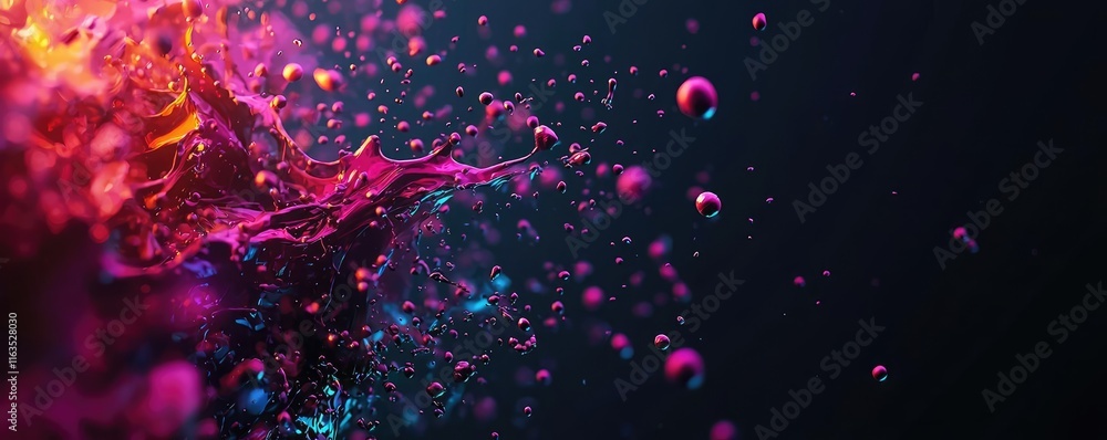 Poster splatter abstract background concept. vibrant splash of colorful liquid with bubbles against a dark 