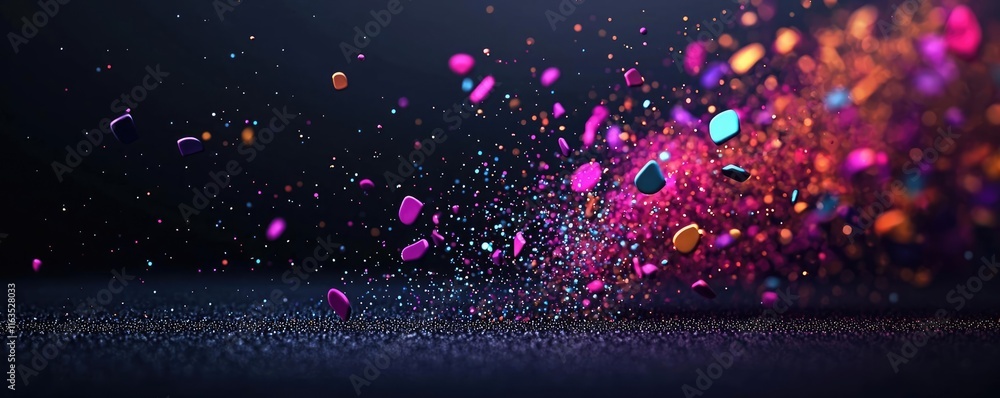 Poster splatter abstract background concept. vibrant colored particles burst creatively against a dark back