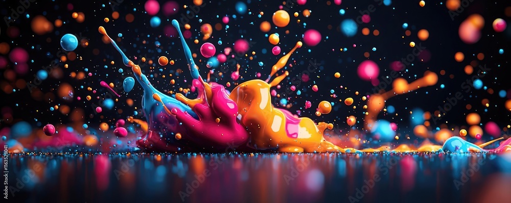 Poster Splatter abstract background concept. Vibrant splashes of paint in dynamic colors create a stunning visual effect.
