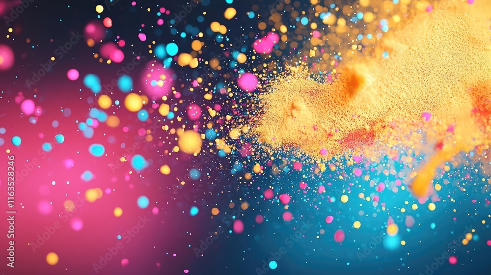 Poster Splatter abstract background concept. Vibrant abstract color particles on a dark background creating a dynamic visual effect.