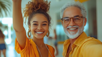 A happy young woman and an older man, both wearing yellow shirts, smile for a selfie.