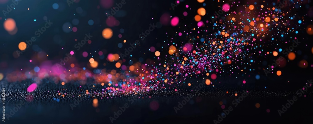 Poster Splatter abstract background concept. Vibrant colorful sparkles creating a dynamic visual effect in a dark background.