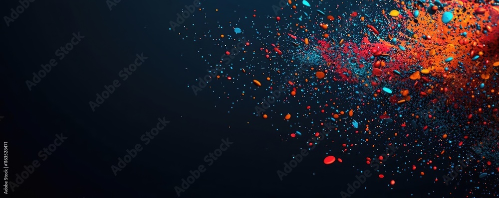 Poster Splatter abstract background concept. Vibrant explosion of colorful particles on a dark background, showcasing creative energy.