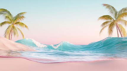 Fototapeta premium Tranquil Paradise: Pastel Beach Scene with Palm Trees and Gentle Waves