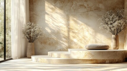 Serene Minimalist Interior with Stone Platform and Dried Flowers