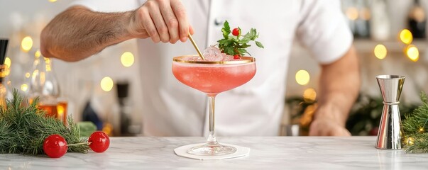 A bartender garnishes a vibrant pink cocktail with fresh herbs and red berries, set against a softly lit background adorned with festive decorations.
