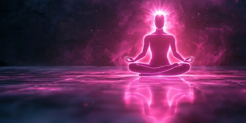 A serene figure meditates, surrounded by a radiant pink aura, symbolizing tranquility and spiritual energy in a cosmic setting.