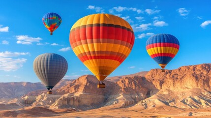 Obraz premium Hot Air Balloons Soaring Over Desert Mountains: A Breathtaking Aerial View