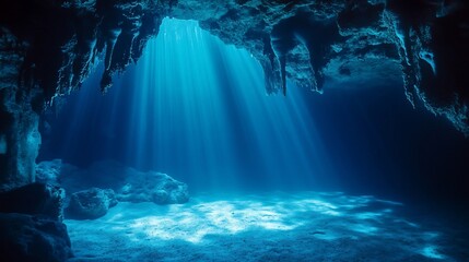 Obraz premium Underwater cave, sunlight beams through the opening, illuminating the deep blue water.