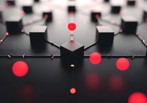 AI Activity Adaptation. Abstract network design with glowing nodes and cubes on a dark background.
