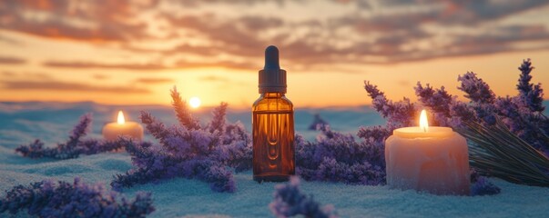 A serene sunset scene featuring a glass dropper bottle surrounded by lavender and candles, creating a calming ambiance.