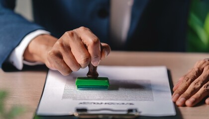 Business Hand Stamp With Approved Stamp On Document. validates and manages business documents agreements and approves Green business companies with eco-friendly waste management regulation