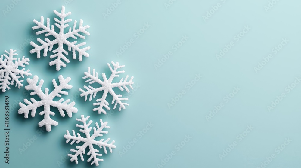 Poster Snowflake abstract background idea. Beautiful white snowflakes on a soft turquoise background for winter-themed designs.